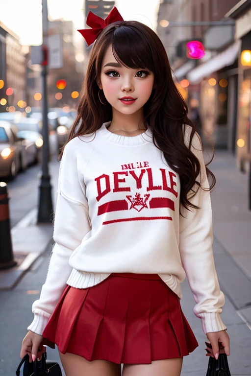 Beautiful 20-year-old brunette girl wearing a sweatshirt and high-waisted jeans and wearing a black belt with her hand on her head