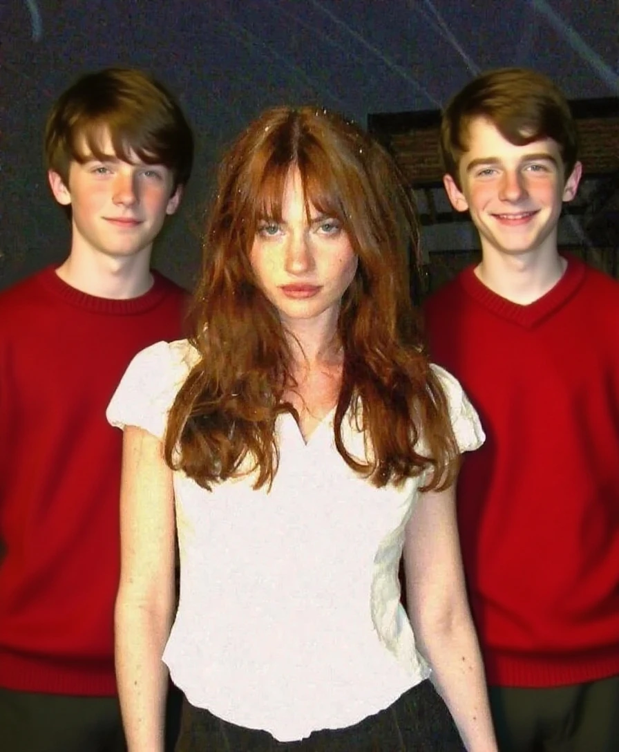 The Weasley family but with an extra member, a redhead girl with green eyes
