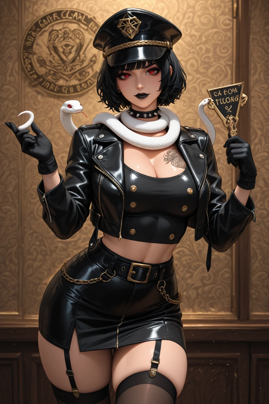 A beautiful woman wearing a shiny high-neck nurse uniform(20th Generation)A black-haired woman with short hair wearing an eyepatch with a heart on it, her lower body is octopus tentacles.