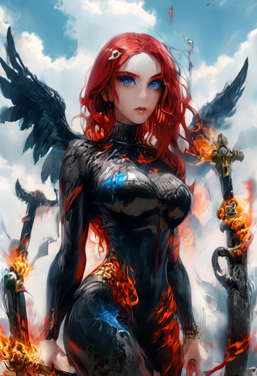 High definition, high intensity, super focus, 8k, high detail, female, fiery red hair, demonic horns, black wings, black medieval armor, medium boobs, bare midriff, toned midriff, wide hips, cameltoe, metal boots black, flames around, night, fantasy landscape, (photography) (high definition) (high detail)