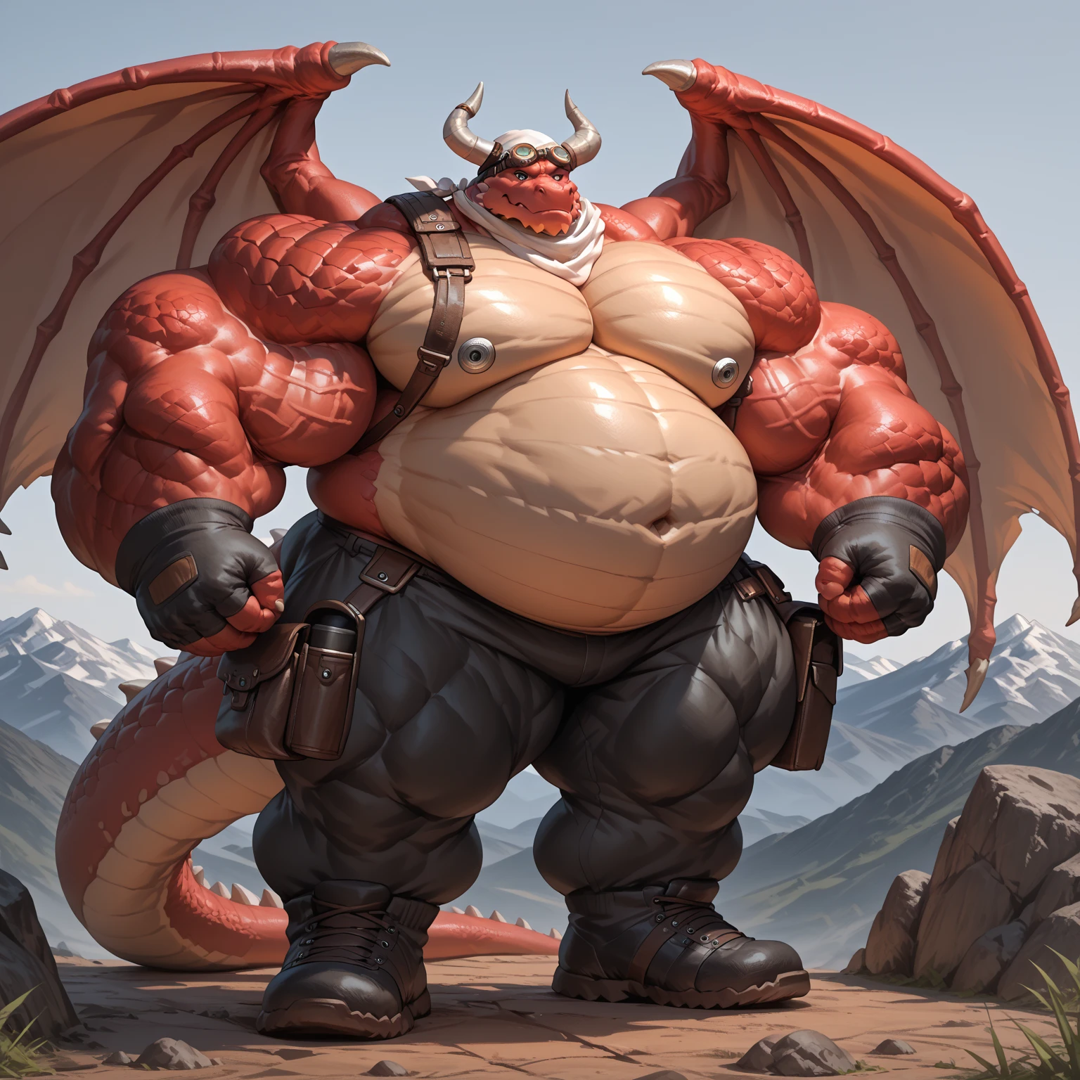 Detailed painting, by Taran Fiddler, dragoness, full body, feral, dainty, friendly, colorful, rounded snout, wings, pregnant-like belly, round belly, dominant belly, huge belly, bloated belly, big muscles, wide body, thick body muscles, powerfull muscles, beefy muscles, thick neck, beefy neck, sharp fangs, long and sharp fangs, big feet, long feet, powerfull feet, giant feet, enormous feet, long and shar claws, tall, enormous, giant, gigantic, gargantuan, kaiju, powerfull look, badass look