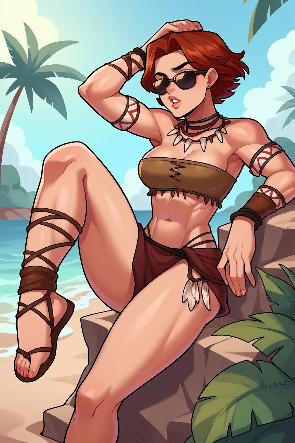 Masterpiece, best quality, Masterpiece, best quality, 1 woman, Brown ponytail, sunglasses , sly face , pink bikini , abdomen, big breasts , Long legs , Barefoot , stand on your hips , desert