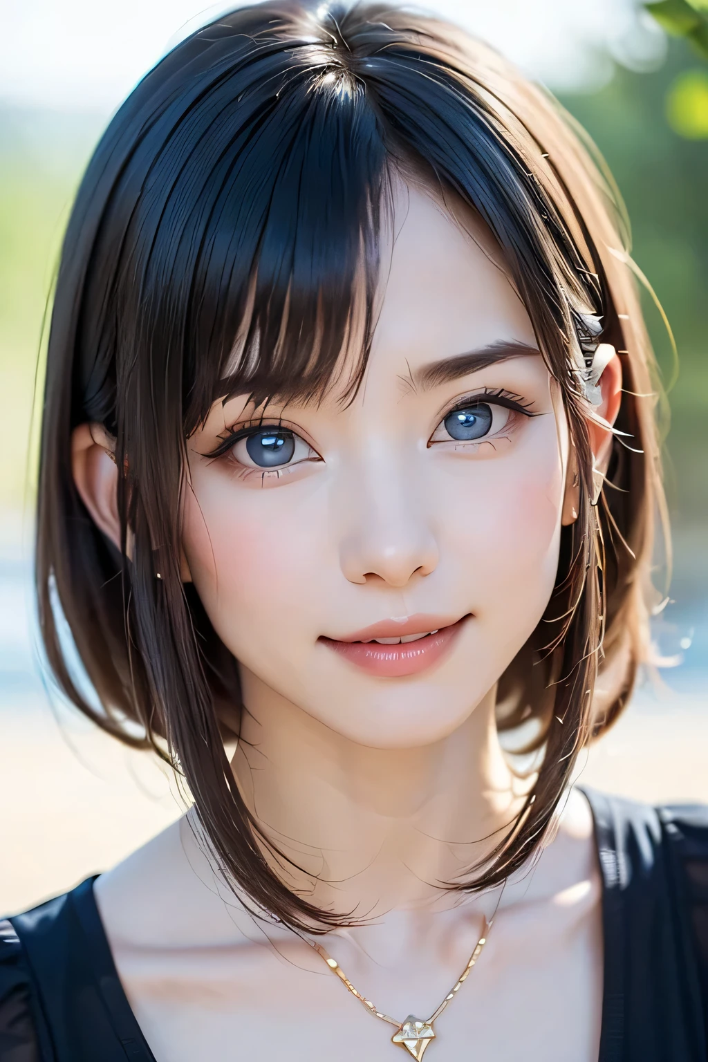 ((nsfw、top quality、best image quality、just one beautiful and cute woman、 A beautiful woman with a very cute golden ratio who boasts overwhelming beauty、The beauty of symmetry、realistically depicts everything in high resolution high definition、God of rich nature、Beautiful and cute face、 Eyes drawn in high resolution 、lashes drawn in high definition、Beautiful and cute symmetrical faces, A long, beautiful neck、bangs:1.6、Beautiful Décolleté、gloss、perfect anatomy、cute smile、Teen))、({gigantic|big|huge|mega} breasts, cleavage)、ideal ratio、Golden Ratio drawn in high resolution、perfect anatomy、 Transparency、sparkling、Off Shoulder、((beautiful teeth、expressive、Love projected on camera、I'm a little shy、bangs, beautiful landscape with only rich nature and bright green in the background、moist blue background of water、beautiful blue sky))