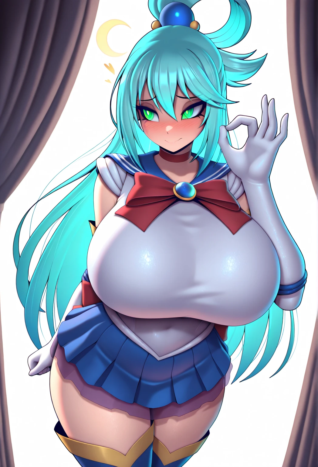 (masterpiece,best quality,ultra-delicate,Pすerfect Face,16k,high resolution,very beautiful girl),green hair ,huge gold five-pointed star shape ornament in front of the crotch, large Breasts ,pale blue skin,red five-pointed star shape nipple cover, yellow helmet with red fur,red fur ornament with hip,smile