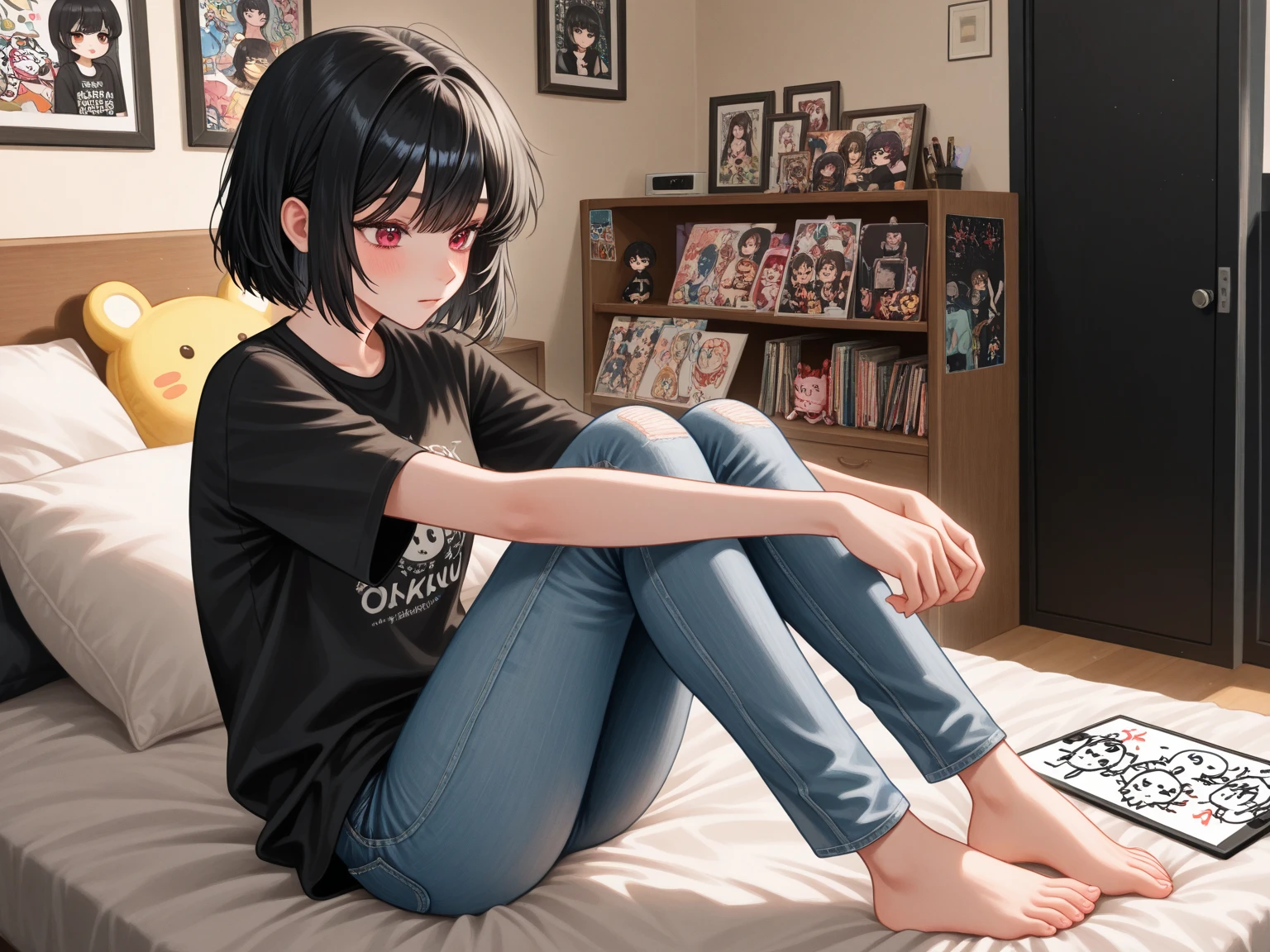 A boy halfway in transforming into a girl, scared look, black shirt, blue jeans, serounded by girls, in pain