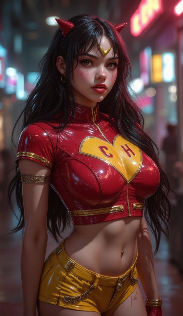 American World War II poster, Gil Elvgren style ((USA Poster, American Poster)) (((A young woman with straight dark hair long size up to her waist in superhero pose))) ((detailed outfit entirely red with gold)) (cars in the background of the image) (((robotic left arm)) (((cyberpunk arm))propaganda Poster, hero uniform, 1 girl, solo, good body, poster design,  poster art style. 1980s, 1950s, 1960s, 1940s, basic color scheme, very colorful poster, colorful art, third rule, inspiring, woman, 1 25-year-old girl, hair blowing in the wind, looking at the viewer, blurred background, thick legs, green eyes, (wide hips:1.2), (bbw:1.2), (huge breasts:1.3),