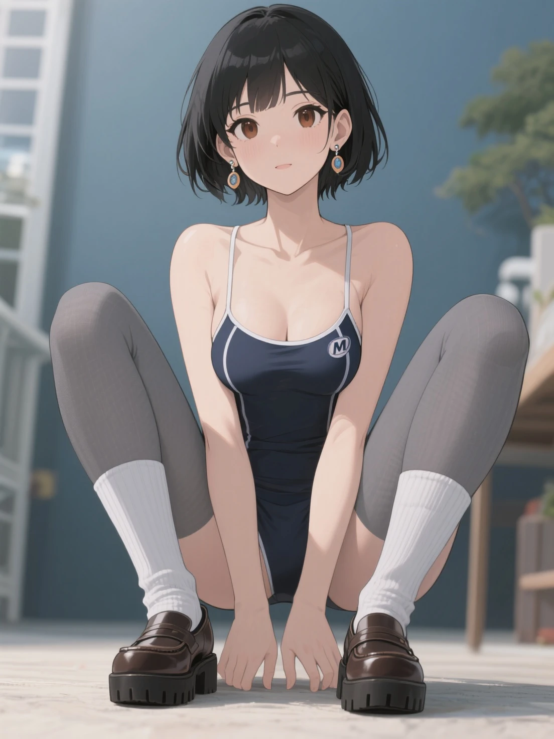 Looking into the camera,28 years old,physical education teacher、1 female,Black hair pixie cut、(she is wearing a navy blue swimsuit.)(Sit backwards in a chair)(Please spread your legs wide)(Very large breasts)(Turn your butt towards the viewer),(I'When I sweat, Clothes are see-through)(Her breasts are exposed through her shirt)(female teacher)(Obscene pose)(Big Breasts)(Accentuate your cleavage)(Toned body)(Short black pixie hair),(Best image quality, (8K), Ultra-realistic, 最high quality, high quality, High resolution, high qualityの質感, Attention to detail, Beautiful details, Fine details, Extremely detailed CG, Detailed Texture, Realistic facial expressions, masterpiece, in front),(((Strictly adhere to the configuration on the back))) (((Photograph the whole body)))(((Back view of a person sitting upside down on a chair)))(((Accentuate your butt)))
