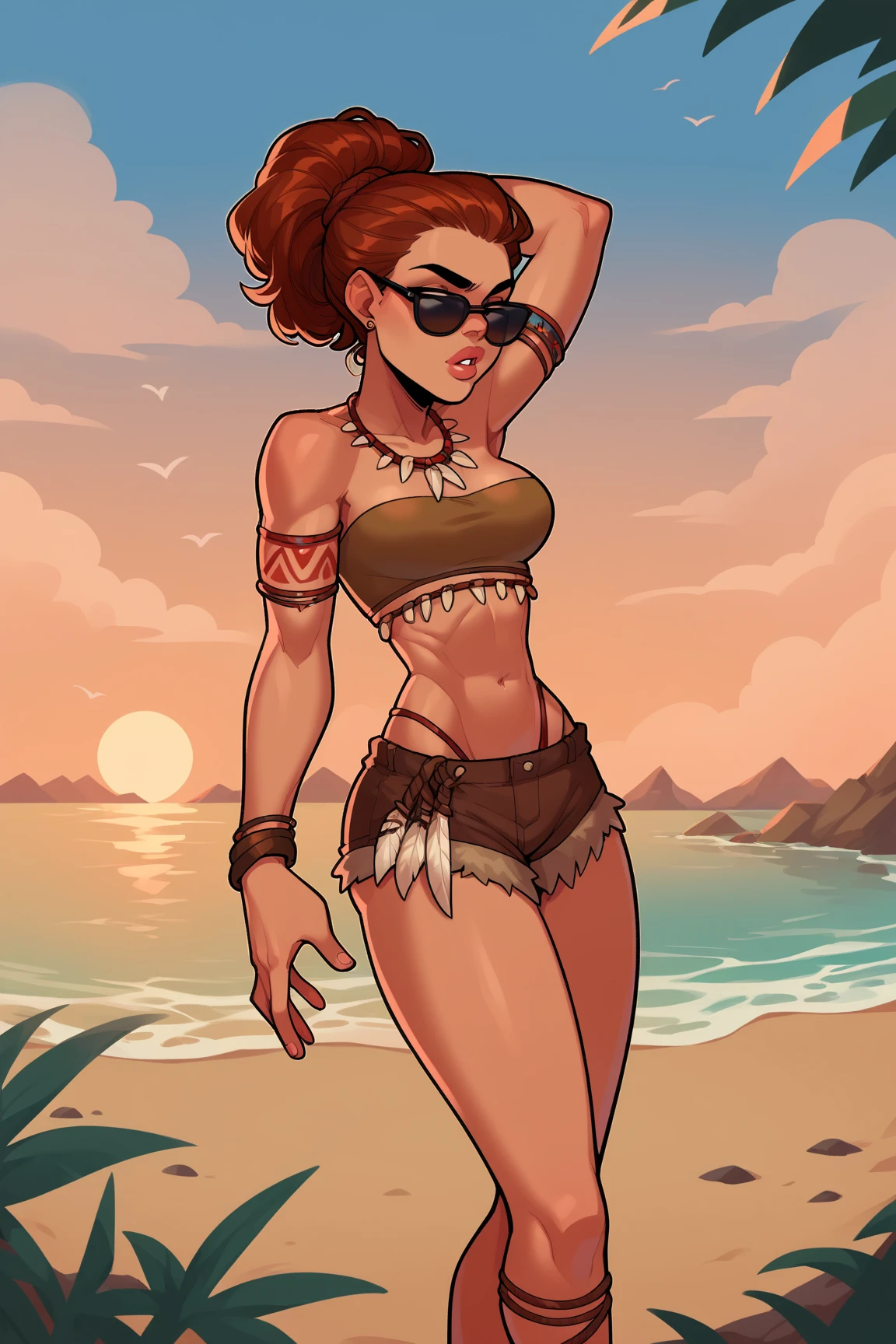 (master part:1.2), (Melhor qualidade1.2), circunstanciado, ( sexo:1.2), 1 menina bruxa,(maduro), testa aberta,curly hair, (medium hair), red hair, olhos verdes, cabo, lacuna na coxa, small and medium breasts, quadris grandes, Red lipstick, Gargantilha, (De cima para baixo de baixo para cima:0.8), (Orc:1.2), (from behind)