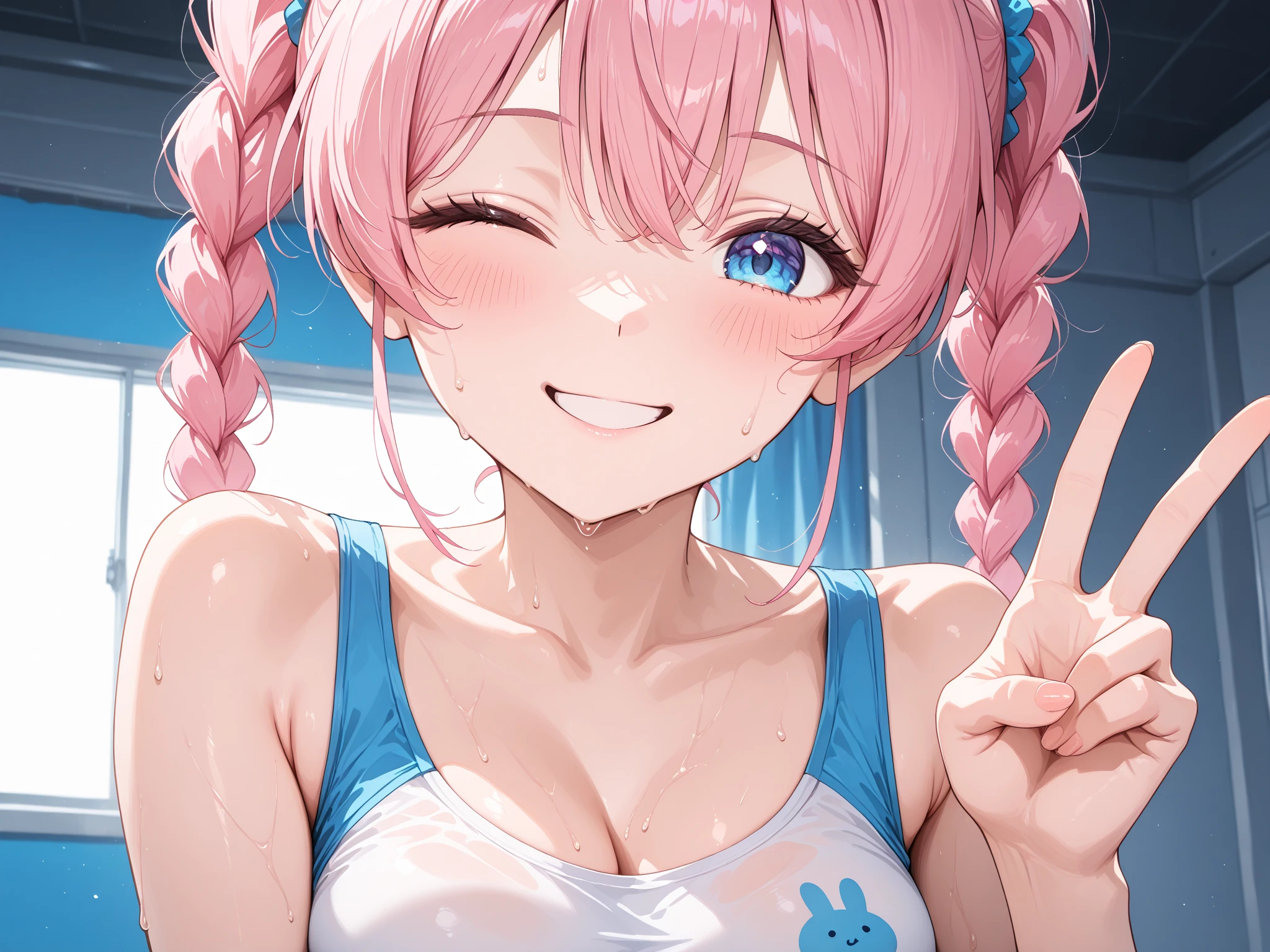 score_9, score_8_wonderful, anime, NSFW Hololive,Minato Akua, Pink hair, smelling one's own armpits, smelly armpits, huge butt, easy-to-give-birth body type, armpit hair, locker room, disgusted face, crying face, panties aside, pussy, pussy juice, 1boy kiss, vaginal penis, fat man, creampie, cheeks grabbed