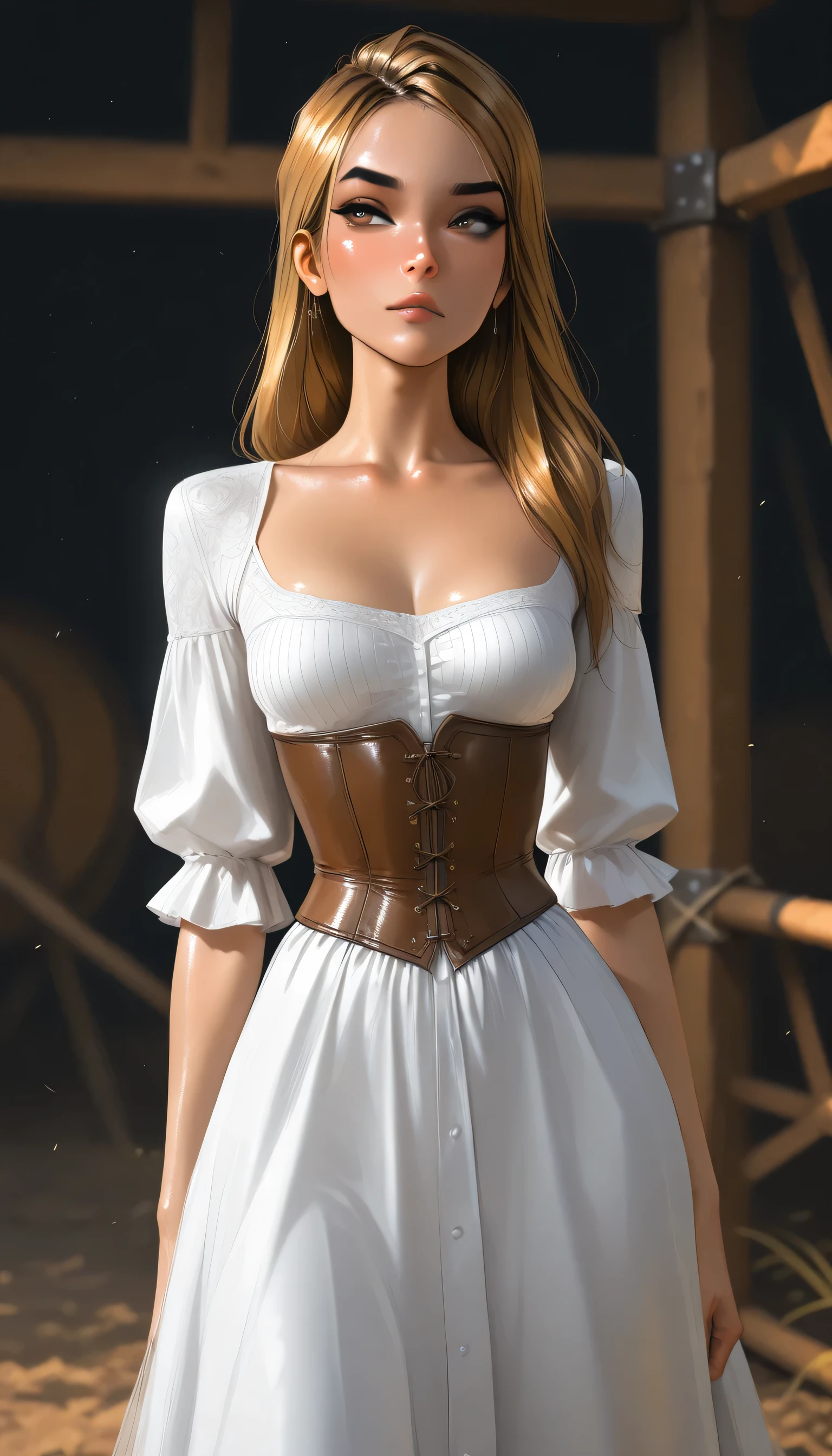 masterpiece, best quality, very aesthetic, movie quality, depth of field,soft saturation, focused subject, ,official style, shiny skin, hazel eyes, brown blonde hair, 1girl,  keira knightley, rachel amber, white skinned female, ,, shirow masamune, sam yang,, age of sails, corset, 18th century dress, pushed up breasts, gallows, nostra666, rachelamberlis, long hair, medium breasts, 