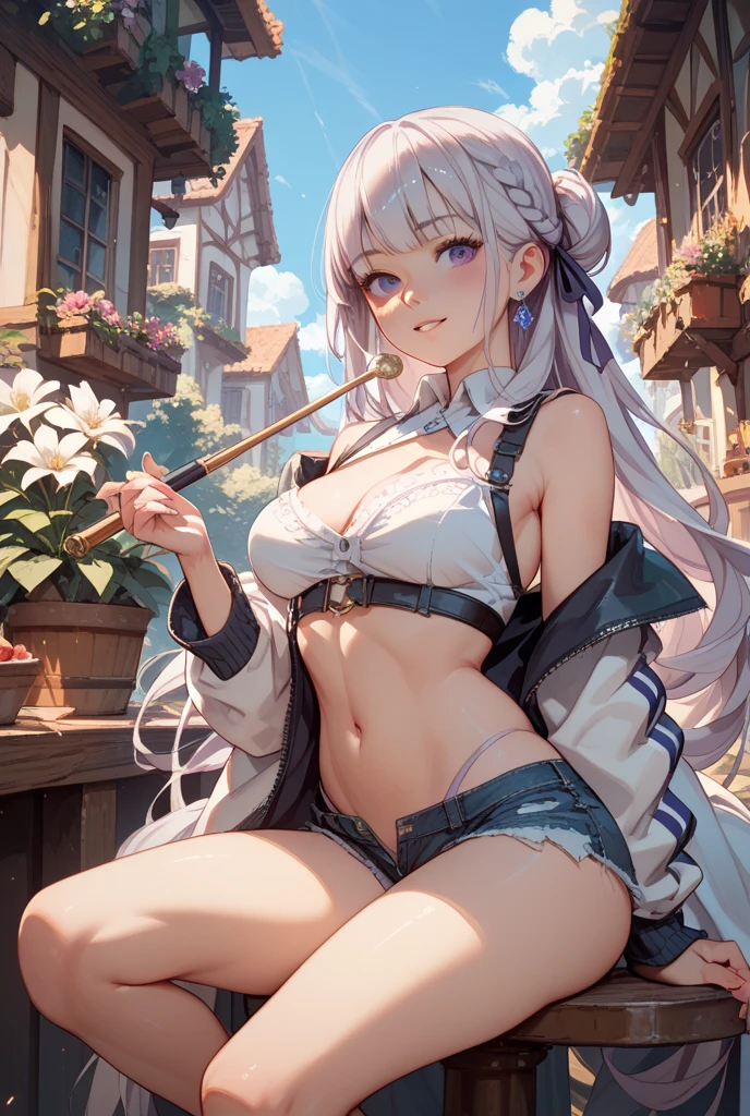 absurdres, highres, (official art, beautiful and aesthetic:1.2), ultra detail, beautiful person, mature female, 1girl, shenhe(genshin impact),
narrow waist, wide hips,
eyes visible through hair, off shoulder, hair over one eye, casual, blue eyes, clothing cutout, ponytail, solo, purple eyes, white hair, midriff, long hair, shirt, white thong, crop top, underboob, wristband pencil skirt, upskirt, pantyshot, sitting,<lora:jean_divineElegance:0.6>, <lora:shenhe:0.4>