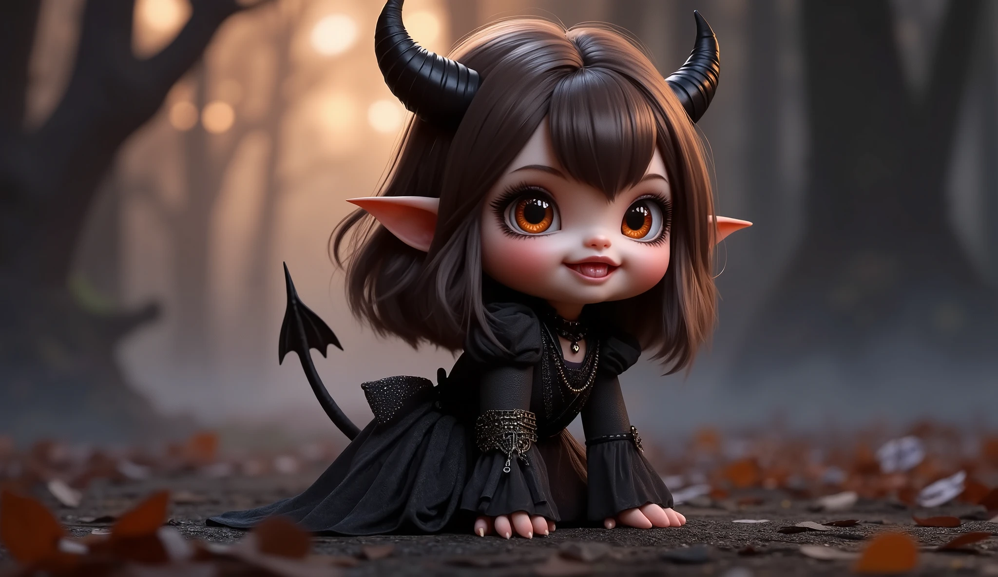 bv-cutenh,fantasy elemental,bv-cutenh,cute little devil, 3D, little devil horns, devil tail, gleeful expression, brunette medium length hair, amber eyes, gothic style outfit, 3D detailed, little devil horns, devil tail, gleeful expression, cute but fierce, little fangs, detailed facial features, dynamic pose, fantasy landscape background, mystical atmosphere, dark and moody colors, dramatic lighting, cinematic quality, 8K, hyper-detailed, photorealistic, professional digital art, physically-based rendering, anatomically correct