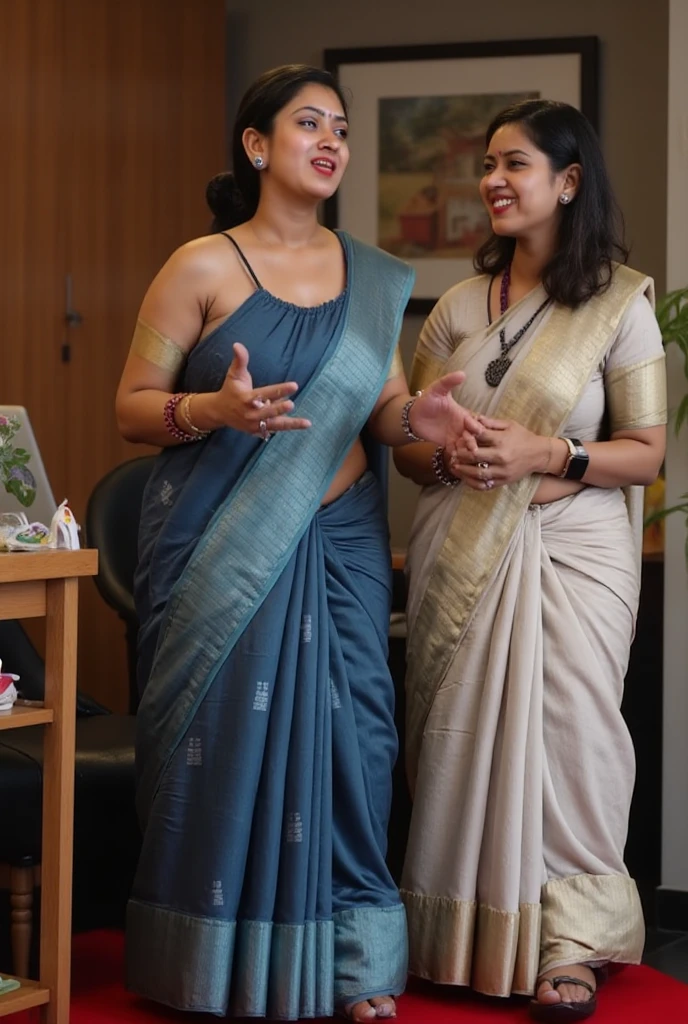 a  50-year-old shirtless man  affectionately hugging and kissing aradiant, full-figured South Indian plus-sized 30 year old teacher wearing a blue colour silky saree in  dressing room, captured in a full-body image with vibrant hues and meticulous details. Full body image