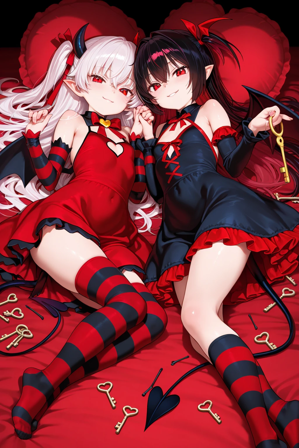 BREAK Perfect Anatomy、(High resolution:1.2)、Incredible illustrations、(Cute illustrations:1.2,nsfw),(yuri,multiple views,)(Beautiful background,)(from below,dutch angle)2gial((shiny hair,hair intakes:1.8,long hair)(doyagao)(Black coat,Gothic Lolita style battle uniform,SILKthong,garter straps,eyepatch:1.8),(a girl, ,height 1.7meters, 40kg),,17-year-old,flat chest)Cosplayer surrounded by people