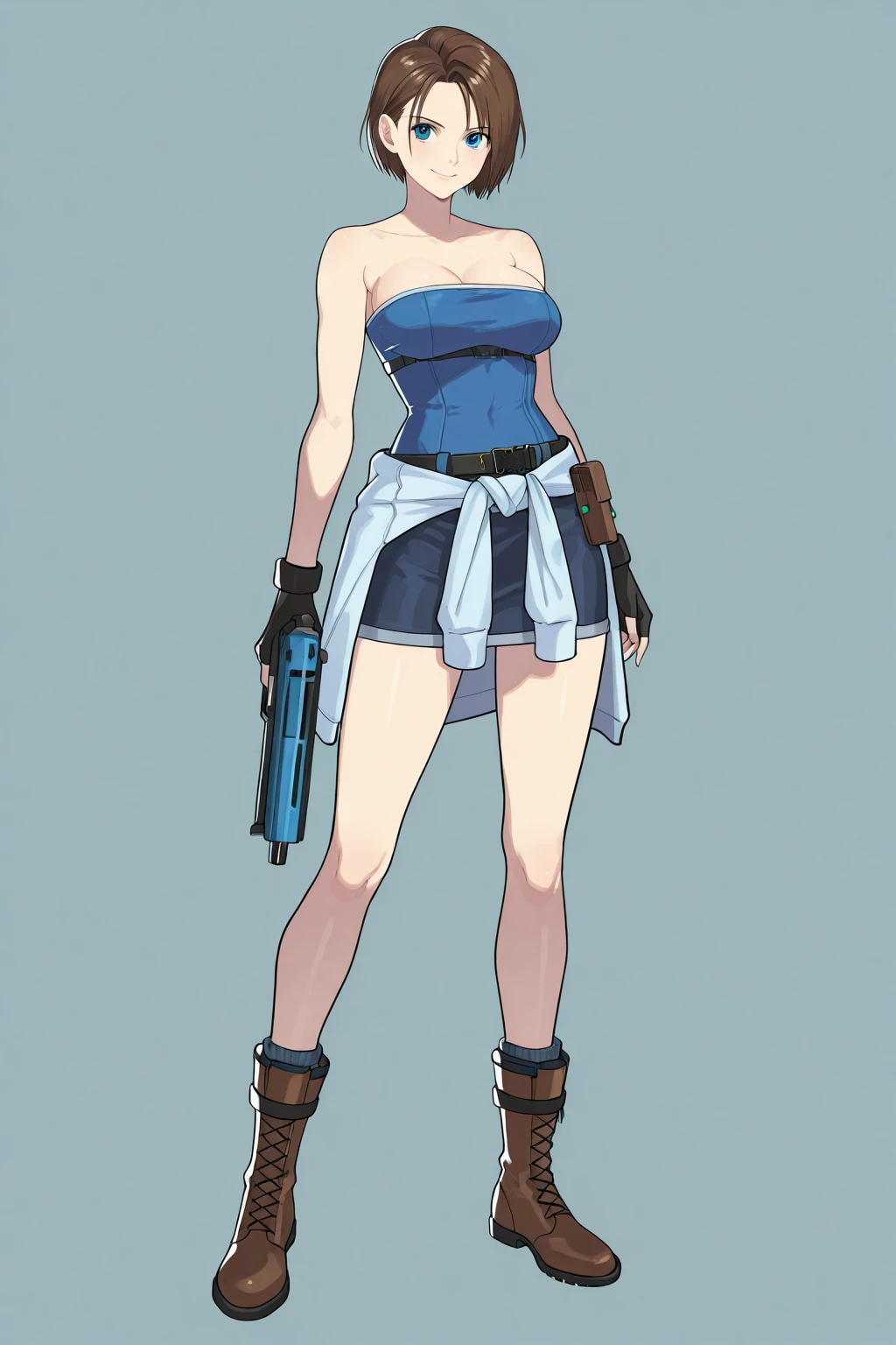 (((Best Quality))) , ((full body)), female, reference sheet, solo, (white background), holding weapon, gloves, slit trench skirt, belt, bare waist, standing, casual dress, bikini, side slit skirt, gloves, blue, orange, green, violet, brown, white,