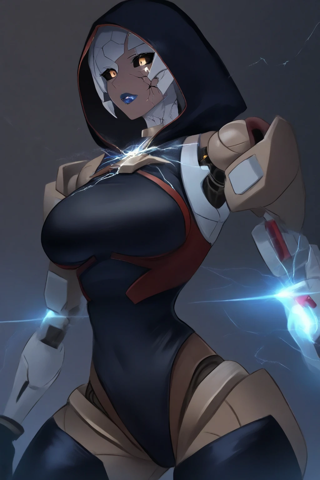 1girl, white skin, light skin, smile, light smile, blue hair, short hair, blue eyes, large breasts, breasts, wide hips, black bodysuit, bodysuit, sleeves, short sleeves, pantyhose, black pantyhose, futuristic, science-fiction, neon trim, neon, full_body, ((full body)), standing, swords, lighsaber, sword