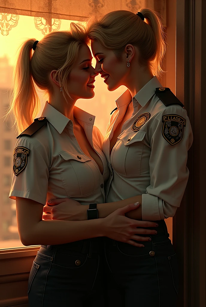 "Image of a flawless police girl detaining a second girl wearing a transparent mini skirt. The police officer is dressed seductively in her uniform, showing off her medium breasts and authority, while the other girl, wearing an elegant dress, appears surprised or intrigued by approach. The setting is lit in a way that highlights the interaction between the two characters, with an atmosphere that suggests an unexpected moment full of tension."