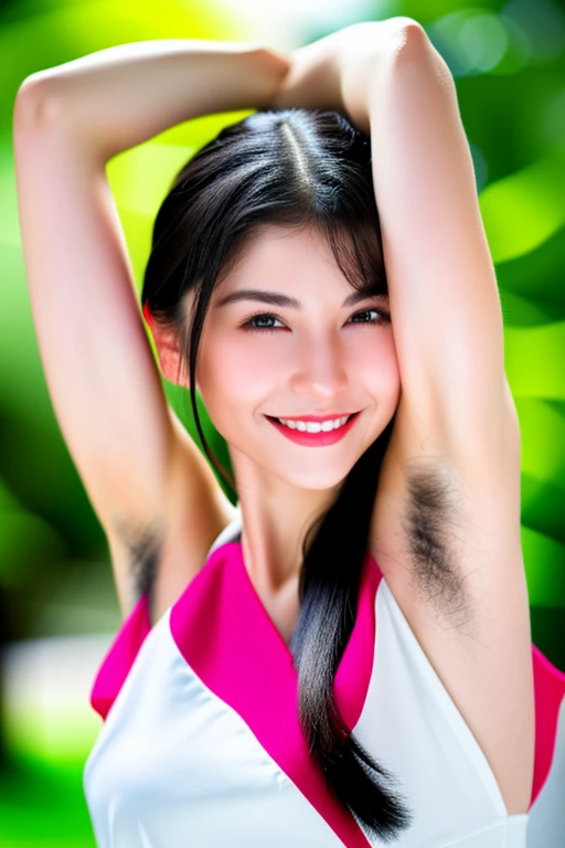 (Tabletop、highest quality、8k、Award-winning works、Ultra-high resolution)、One beautiful woman、(The most elegant sleeveless button-up collared blouse made from polyester.:1.5)、(White sleeveless polyester blouse:1.3)、Exactly、(Bare arms:1.1)、(Show your armpits:1.1)、(Exposing hairy armpits:1.6)、(Very long and thick armpit hair:1.6)、(A large amount of long armpit hair is visible:1.6)、(very bright and vivid:1.1)、(Very bright and beautiful skin:1.1)、(Voluptuous body:1.3)、(Very large breasts:1.2)、(Accentuate your body lines:1.1)、wood々Beautiful sunlight shining through the gaps、Spectacular Cinema Lighting、Strongly blurred background of a large park、(Accurate anatomy:1.2)、Ultra HD Hair、Ultra-high resolutionの完璧な美しい歯、Ultra-high definition beauty face、Ultra HD Hair、Ultra-high definition sparkling eyes、輝くUltra-high resolutionの美肌、Ultra-high resolutionの艶やかな唇、Spectacular Cinema Lighting、Most romantic、Biggest Smile、(Face close-up:1.8)、(Close-up of face:1.6)