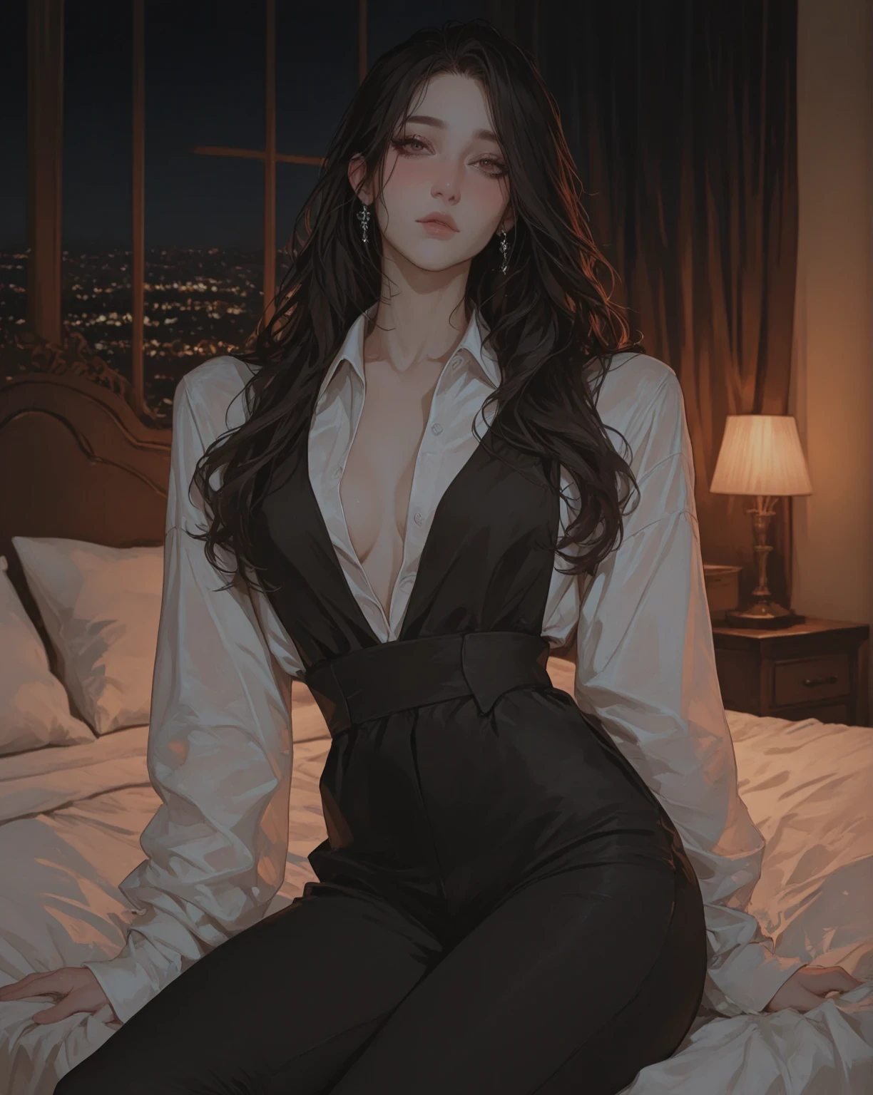 high definition, masterpiece, best quality, very awa, newest, highres, absurdres, extremely detailed, highres, best aesthetic, high resolution, good colors, bright skin, woman, BROWN eyes, eyelashes, looking at the viewer, very embarrassed, long straight black hair, WHITE dress shirt, black dress pants, 38 years old, sitting on the edge of the bed, night, ((elegant bedroom background= night, ambiental oclusion))