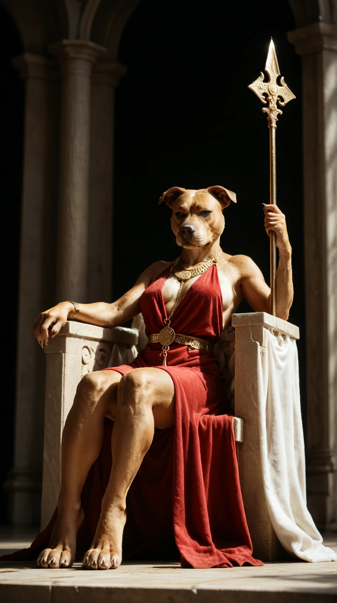 (anthro) ((pitbull)) female sitting on a throne holding a spear on a red velvet blanket wearing gold chain and white toga. Set against an (Grecian) backdrop that is covered marble. paws, tall, posed like a Greek goddess, low angle, dramatic lighting, ominous