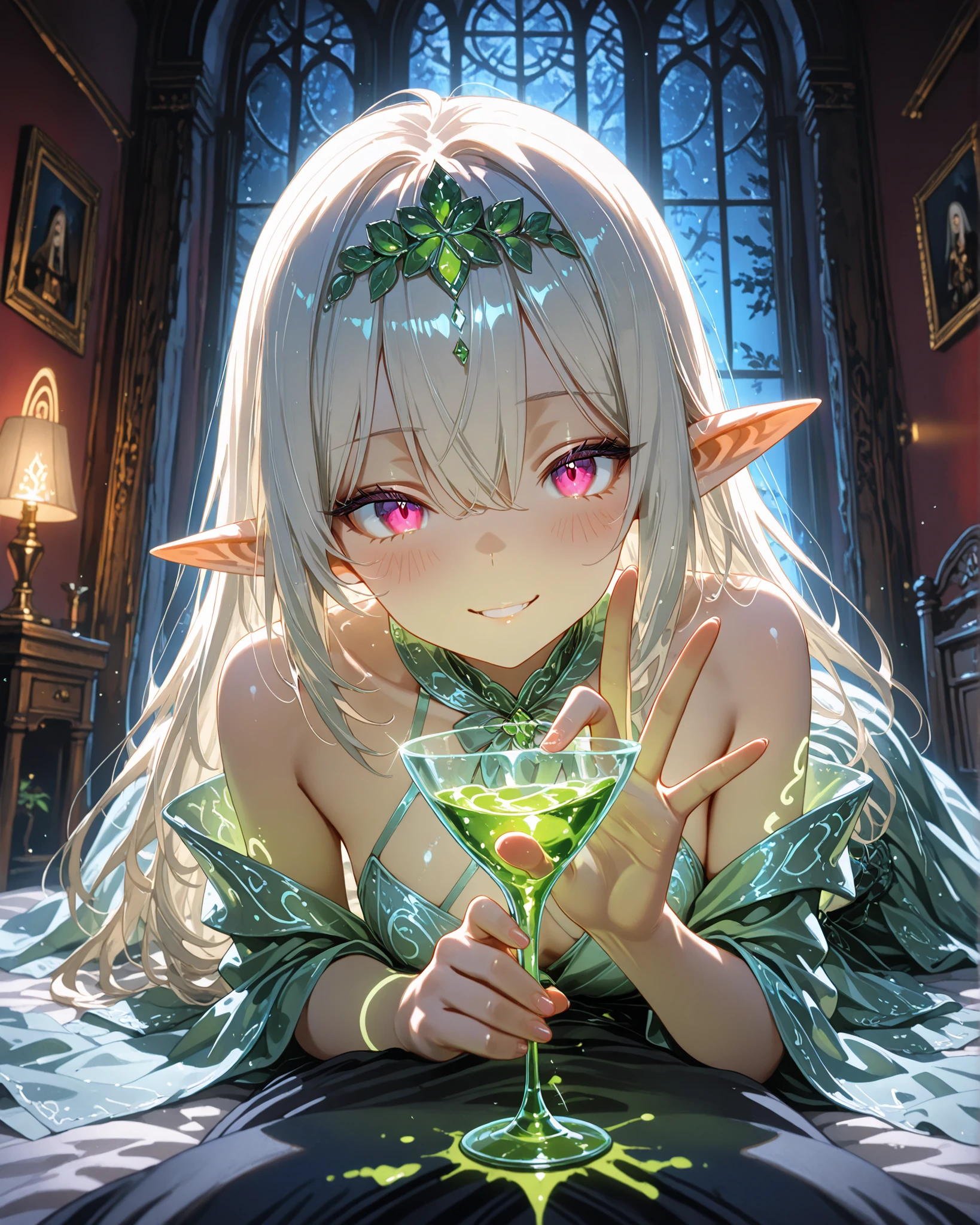 Masterpiece, 4K resolution, ultra-detailed, cinematic lighting, first-person perspective, fantasy realism.

An elf of ethereal beauty and magnetic presence stands before a bed, facing directly at the viewer—whose perspective is first-person, lying down, staring at the seductive figure. She wears an elegant emerald dress that fits perfectly to her body, contrasting with her pale, luminous skin, which softly reflects the dim light in the room.

Her long, white hair falls like silk over her shoulders, catching the light escaping through a half-open window, casting perfect shadows between the strands. Her eyes, an intense, deep red like those of an albino rabbit, shine with a mixture of provocation and restrained mischief.

With a slightly flushed expression and an ambiguous smile, she holds a glass goblet filled with a translucent green liquid—the light penetrates the glass, casting strange, hypnotic reflections.

One hand is raised close to her face, making a shy gesture, as if embarrassed by the proposal, but her eyes say otherwise. She whispers, with parted lips and a fixed gaze:

"Drink and don't ask questions."

The surroundings are dark as a contained nightmare, illuminated only by the faint moonlight that streams in through the window, revealing a room of warm, dark wood, with cozy details and realistic textures. The combination of seduction, mystery, and subtle magical tension creates a dense, cinematic atmosphere, where danger and desire subtly intertwine.