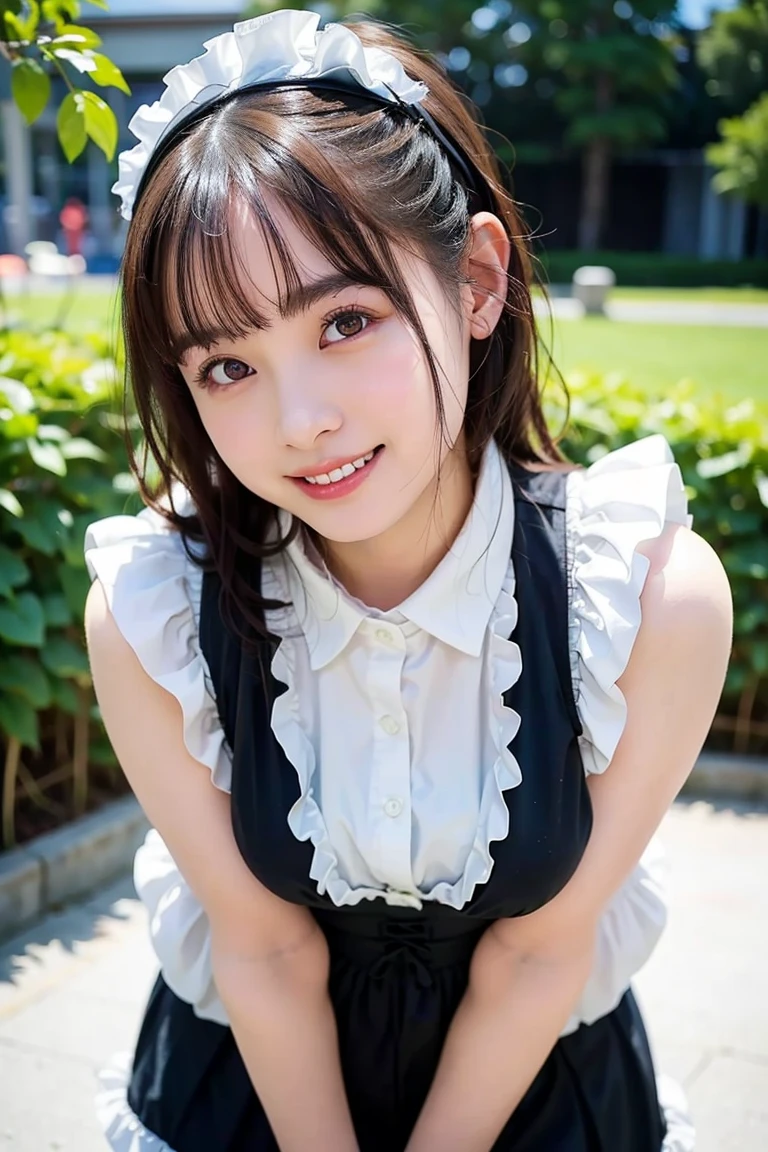mix4, (8K, Raw photography, Top image quality, ​masterpiece: 1.45), (realisitic, Photorealsitic: 1.37), one girls, cute little, A city scape,, profetional lighting, photon maping, Radio City, physically-based renderingt, Gradient black hair,, a handsome, girl with, (((student clothes、Silk white blouse with short sleeves、Dark blue knitted vest、White Satin Mini Skirt、No red tie pattern、Black High Socks、Black Loafers Leather Shoes))), Top Quality Photos, hight resolution, 1080p, (clearface), (Detailed face description), (Detailed hand description), (​masterpiece), (Exquisite CG)、extreme light and shadows、dishevled hair、master work、abundant detail、(Fine facial features)、(top quality photo)、(masuter piece)、(A detailed eye)、Look in front of you、Fine clavicle、((Slender big))、((White beret)))、((Cute idol system))、((School Grounds))、(Shooting from random perspectives)、(((Anyway cute)))、耳Nipple Ring、A big smile、Drawing the whole body from the knees、Do not draw nasolabial folds、(((Holding a leather student bag in your hand)))、Big breasts that stand out from the top of clothes、Two legs、(((Standing Pose)))、bare hand、Hands out of the sleeves of blouses、