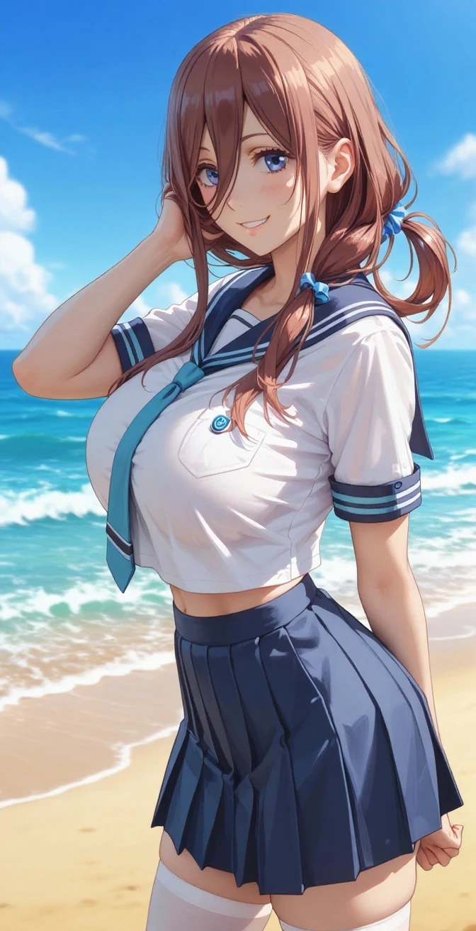 (masterpiece), best quality, expressive eyes, perfect face, front lighting, (outside at sea onboard a Marine Battleship background), (posing), (seductive look), (cleavage view), (1girl, Nami, 18 years old, orange hair, long hair, wavy hairstyle, brown eyes, hourglass figure, skinny body, thin body, petite_body, small breasts, wide hips, thick thighs), (marine sailor unform, white sailor shirt, short sleeve, croptop, exposed cleavage, white sailor pleated skirt, marine sailor hat), 