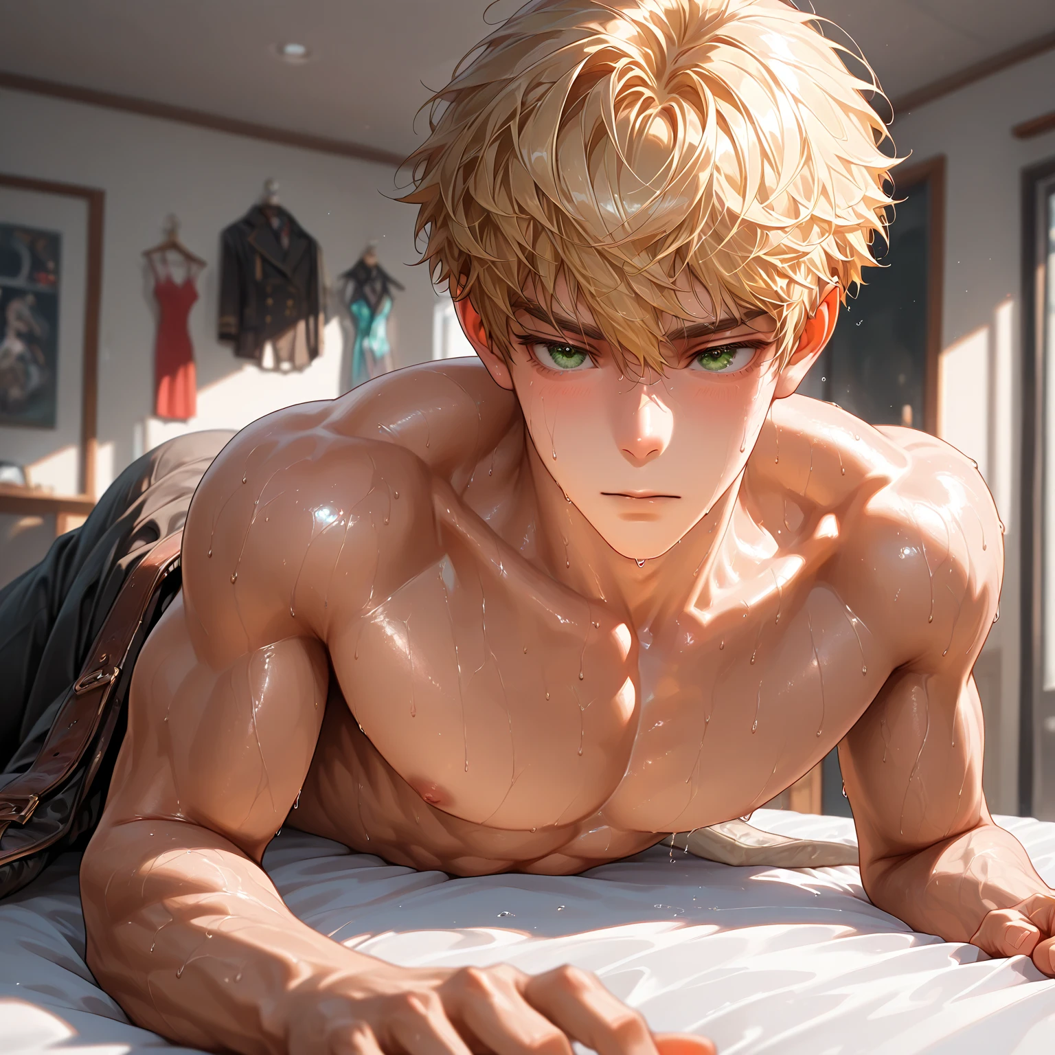 high quality, detailed, Realistic,(2boys:1.4), (17 years old tanned idol boys), (detailed blue eyes), (blond short hair), (abs), (tanned dark brown skin), night palace bedroom, (black tiny thong), (bulge), (detailed nipples), detailed areola,best quality,4k,8k,highres,masterpiece:1.2),ultra-detailed,(realistic,photorealistic,photo-realistic:1.37), looking at viewer,laying, face close up, --no watch,