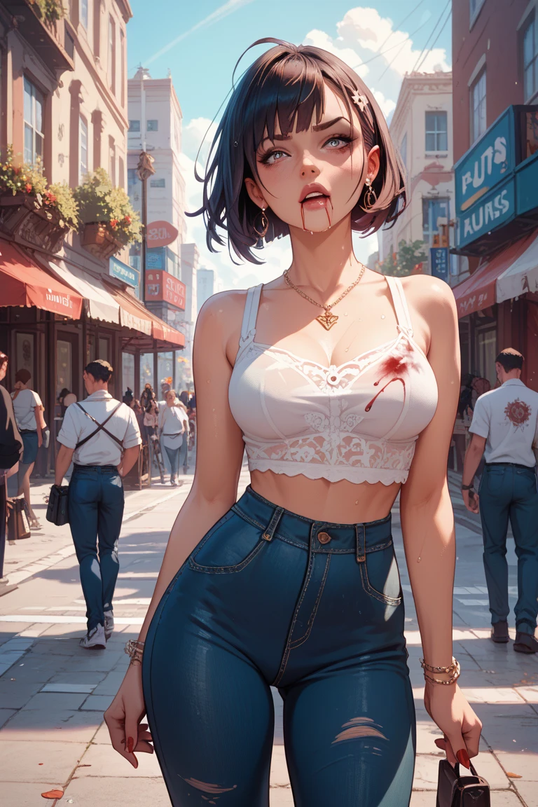 a drawing of a woman with blood on her face and a bloody collar, charlie bowater art style, arte do personagem charlie bowater, lois van rossdraws, Ross Empates 1. 0, female vampire, Carmilla Vampira, artgerm e rossdraws, style of charlie bowater, Vampire girl, Ross ties 2. 0, Retrato por RossDraws, vampire portraitJennifer Connelly , , white bra, green vest, sleeveless, へそ, blue jeans, Brown boots, gloves fingerless, short gloves, slightly-smile, shorth hair, wavy hair, parted bangs, anime color eyes,  under the right eye, old american west, funfo White Belt, best qualityer, Obra de arte Jennifer ConnellyJennifer Connelly , , white bra, green vest, sleeveless, へそ, blue jeans, Brown boots, gloves fingerless, short gloves, slightly-smile, shorth hair, wavy hair, parted bangs, blue colored eyes, verruga under the right eye, old american west, sunny desert background, waist belt, best qualityerr, Obra de arte Jennifer Connelly