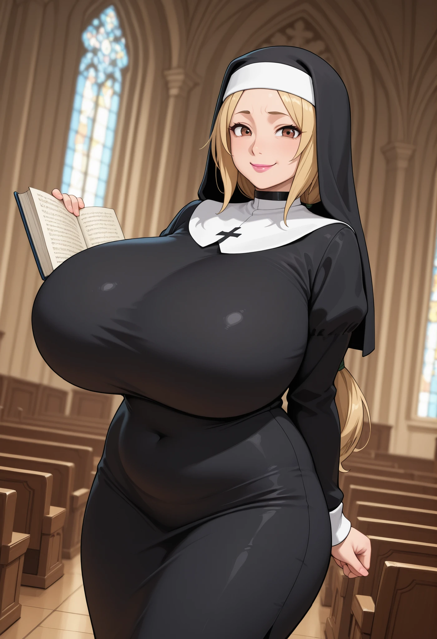 Tsunade Senju . Grandmother . long , blond hair tied in two ponytails . brown eyes . pink lipstick . gigantic breasts . chubby. choker , | church, church seats, nun, holding bible, lectern, smile, audience looking on, solo, cowboy shot, dutch angle, hdr, hd, 4k, 8k, beautiful photography, full angle, dolby vision