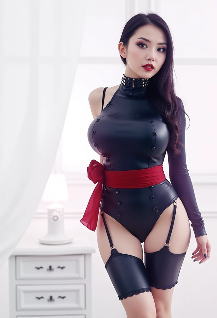((Raw photo,Highest quality,High resolution,Ray Tracing,Hmph,Highest quality,Post-processing,Portrait.3d,Purelos Face_v1:0.7,),(( Shiny dark red leather bondage outfit,golden luxury embroidery,Dark Red BDSM,spouse,With a whip in his hand)))((((Long black hair,Accentuate your cleavage,Huge boobs:4.0,Thin legs,Otto'S Eye,Exquisite depiction of hands and feet,Small Nose,Get the perfect body,No sleeve,)))),((Thin eyebrows,Long eyelashes,smile,double eyelid,Vivid eyes,Looking down on the audience,Red lipstick,)),Create beautiful light effects for your background,Light Particle Filter,(Detailed painted face:1.3),cheese
