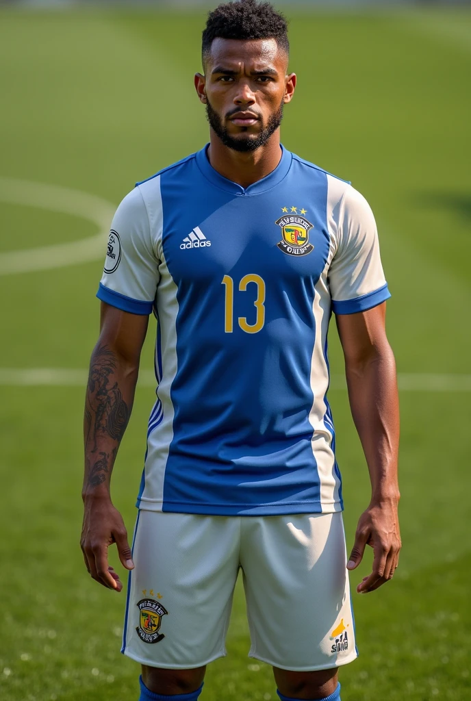 A hairy, bearded Iranian man wearing the El Salvador national football team uniform. He must wear a blue shirt with white details and the Salvadoran Football Federation shield on the chest.. The shorts must be white with blue details., and the socks, blue with a white stripe. His expression should be confident, e a pose, Stately, reflecting their strength and pride by wearing the uniform.