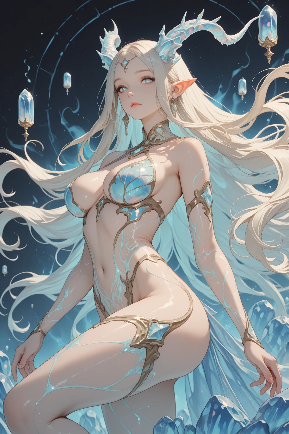 (((small and young girl))),((Dragoness of Souls with long silver hair that is loose and straight, one of her hair reaches her face)),(((Colorful skin,Light blue skin color))),(blue eyes like emeralds), pointed elf ears, ((with a Dark blue horn)),((Huge tail with dark blue scales, tail with light blue emeralds)),((sexy body)),(Rounded medium breasts and big butt),(((Without clothes, naked, uncensored))),(((Souls around, blue energy, power))), Fantasy themed background,(((high quality))),((high resolution)), ((detailed)), ((vibrant colors)) , ((correct proportions)), ((perfect anatomy)), ((detailed eyes)), ((realistic eyes)),((detailed background)), ((realistic environment)), ((no deformations))