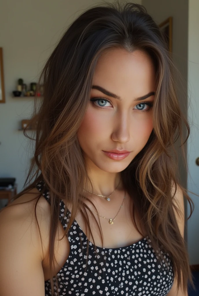 bare woman, blue eyed girl, Retrato Sophie Mudd, Portrait of Corinna Kopf, cabelo blond e olhos grandes, selfie of a young woman, Ahne makeup, Make-up natural, look directly into the camera, guy with artgram, subtle make-up, Stunning full body photo, in the bedroom, breasts big, blond, latin, huge crest, large blue eyes