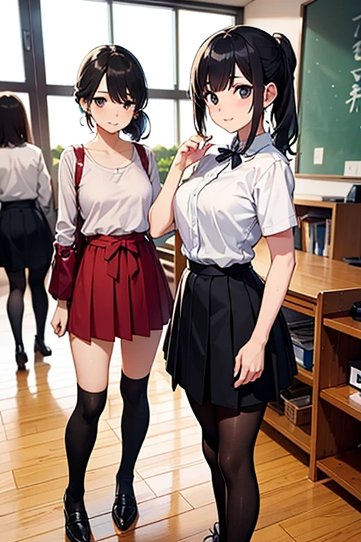 master piece, extremely detailed, high resolution, Makoto shinkai style, high school girl, going up the escalator, looking back at you with her back to you, miniskirt, panties visible, embarrassed as she holds her skirt down, glossy full lips, shiny hair, black hair, medium-long straight hair, short-sleeved shirt, blue bow tie, mid-bust, slender waist, above the waist, looking at the camera, brown eyes, pink lips, blushing cheeks and embarrassed, striped panties visible