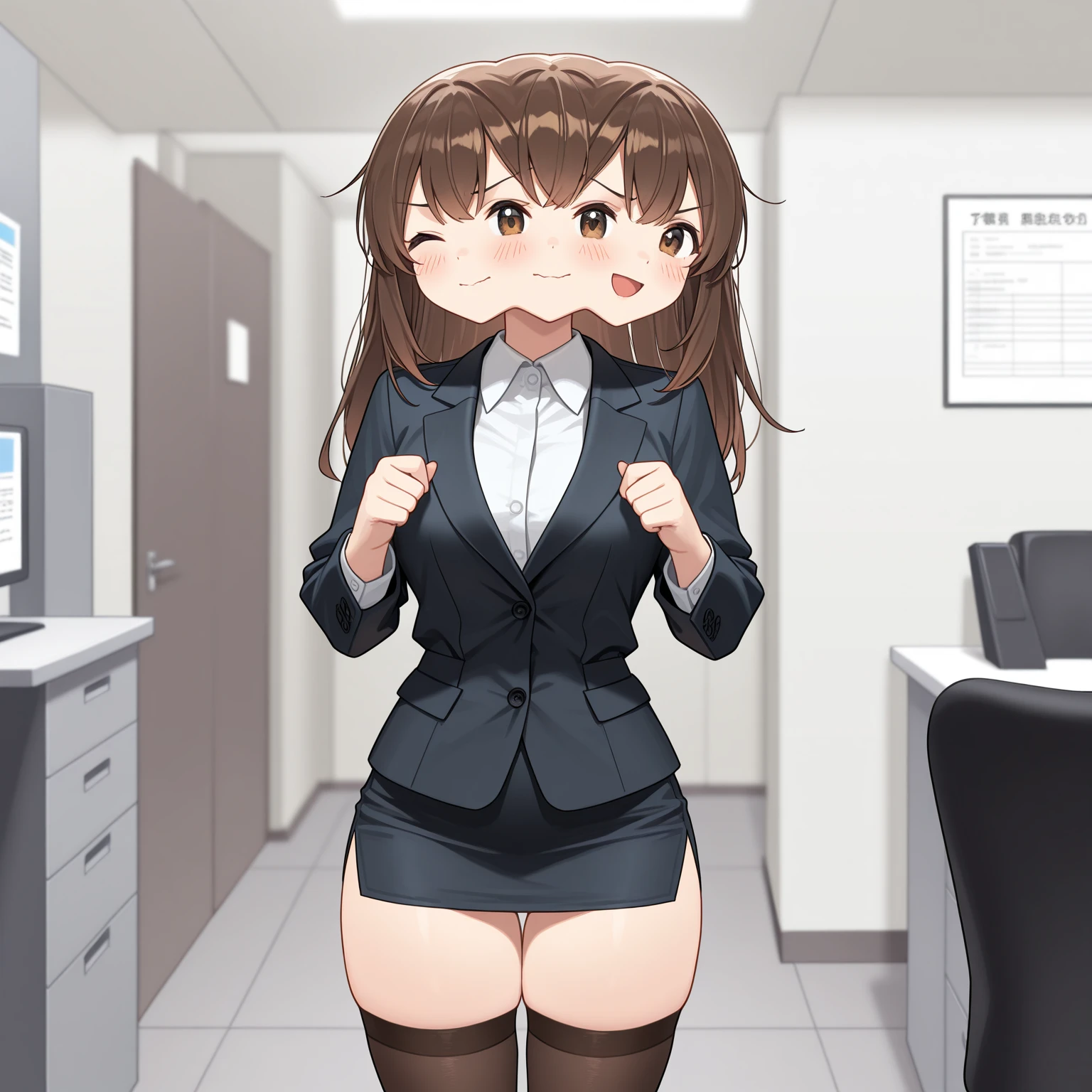 Best quality,masterpiece,1 girl, brown hair, pony tail hair style, office suit ,mdium breasts, standing, showing hairy pussy, exposed hairy pussy
