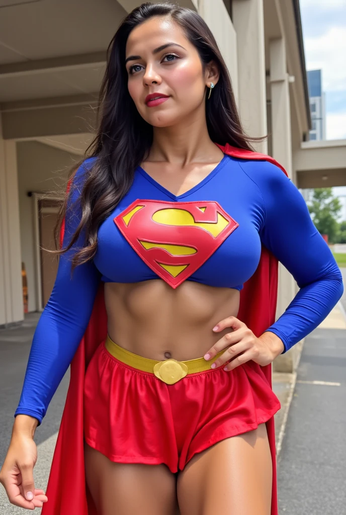 RAW, Best quality, high resolution, realistic, masterpiece: 1.3), Supergirl, black hair, perfect nose, perfect lips, perfect eyes, smiling, detail :1.2), supergirl in short red skirt, blue supergirl skinsuit, full body image detail, watery eyes, RAW, Best quality, high resolution, masterpiece, duchenne smile, toothy smile, knees up sitting, spread legs wide open showing white lace panties, red skirt, show cameltoe, medium thick thigh, at the roof of a building, full body picture.