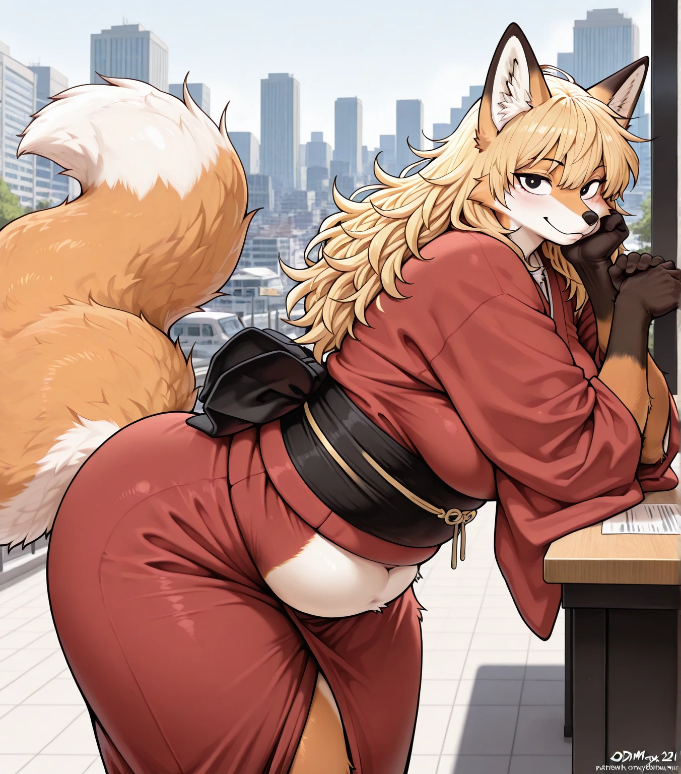 score_9, score_8_up, source_anime, standing, hellsing, seras, blonde hair, red dress, short dress, indoors, night, night sky, nighttime, vampire, smirk, fangs, ikuchan, balcony, town background, rating:safe, navel, short dress, red dress, furry, tiger, tiger girl, chubby, bbw, ((furry)), tiger fur, chubby body, ((bbw)), milf, belly, ass, milf