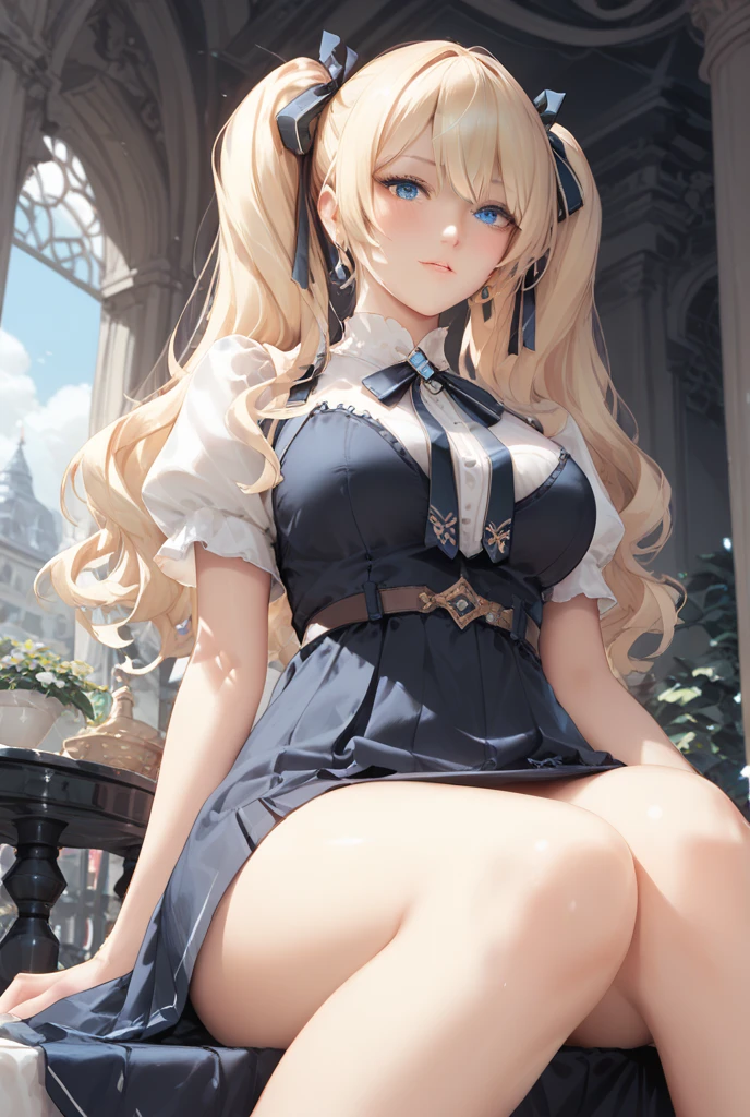 masterpiece, best quality, official art, (highly detailed CG Unity 8k wallpaper), detailed background, (hands by Guido Daniele: 1.1), feet outside the frame, first-person perspective, 1, attractive and perfect beautiful woman, schoolgirl, JK, schoolgirl uniform, rainy day, a lot of rain, windy, (curvaceous), ( white thighs: 1.12), (blonde longhair: 1.12), ( Ahoge: 1.13), (high ponytail: 1.12), (green eyes: 1.13), big, (cleavage), beautiful face, (blush: 1.11), (smile: 1.11)