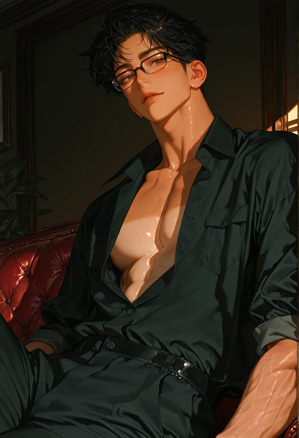 masterpiece, best quality, realistic, 1man, male focus, tall muscular, handsome, [thin eyebrows:0.5], serious, shirtless, portrait, extremely detailed face, black hair, (short hair), shirtless, six packs, full body, Japanese, round glasses, relax