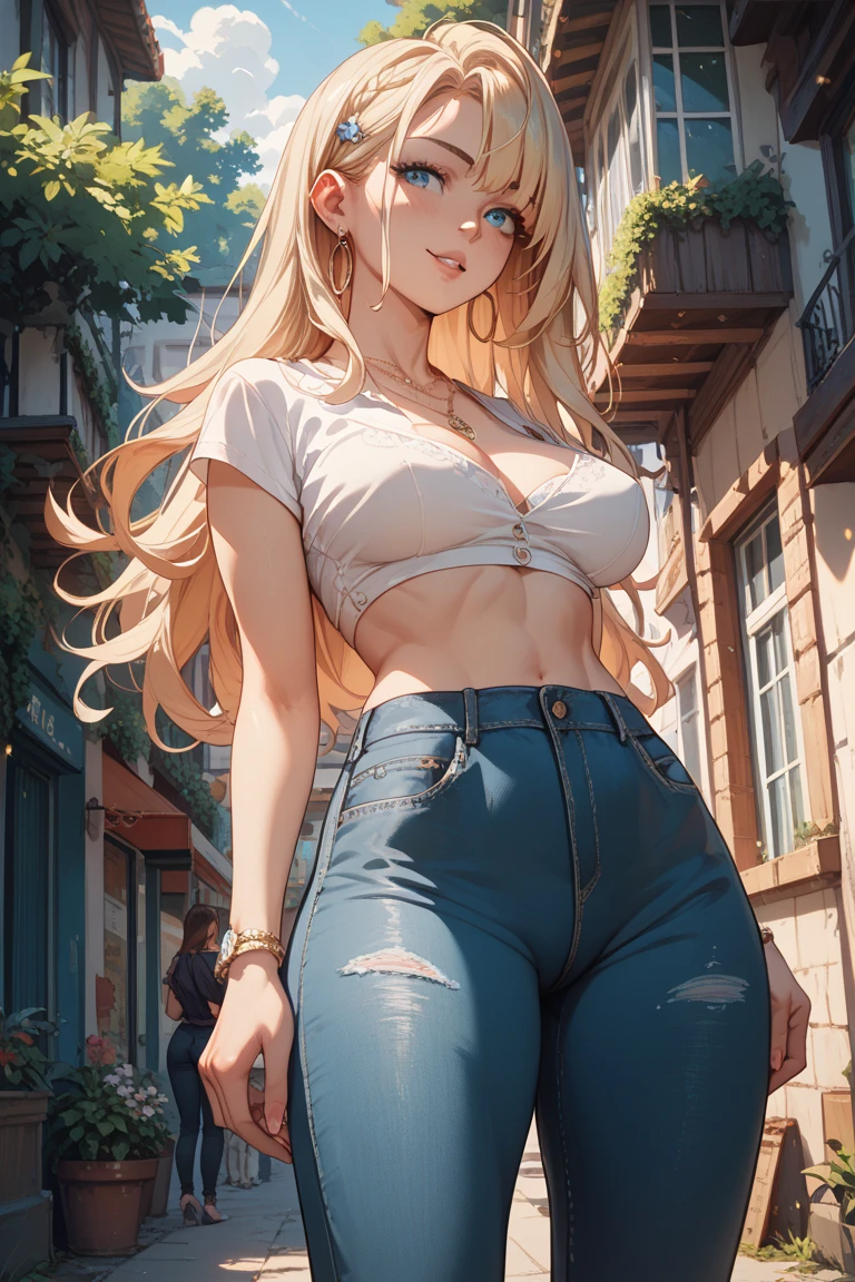 (masterpiece:1.2, best quality1:1, ultra-detailed:1.2, best shadow, 8k:1.1), (massive city:1.3, rooftop:1.1, city structures below, handrails), (contrasting background, bright background), (beautiful detailed face), high contrast, (perfect illumination:1.2, beautiful color, delicate color), ((cinematic light)), colorful, hyper detail, dramatic light, intricate details, (1 girl, solo, sandy blonde hair, smiling face, wavy hair:1.1, green eyes, dynamic angle, white tanktop, jeans, cowboy shot, arms down), depth of field, glasses