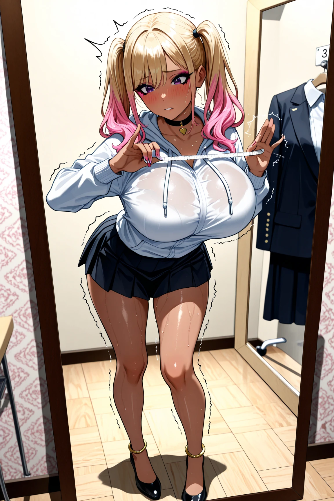 (1girl,  solo, (masterpiece:1.2), best quality, , nurse cap, bikini, thigh-highs. heels, big breasts  , wide hips , milf , operation theatre ,kitagawa marin, 1girl, blonde hair,, ear piercing, bag, piercing, pink eyes, gyaru ,black choker, earrings, , red eyes , bangs, multicolored hair , makeup, gradient hair  , smile 