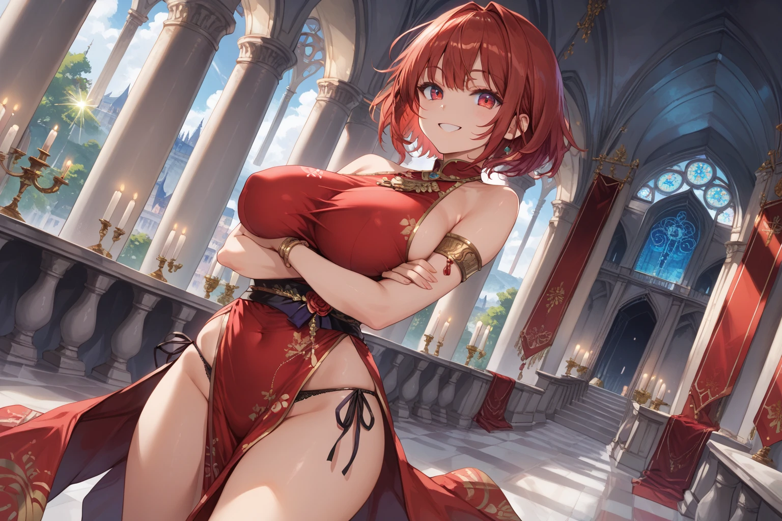 (Trading Card Game Frames:1.7),(((Armor and sword of Joan of Arc:1.3))),(((Ancient Western Landscapes:1,3))),(((Armed Girls in Europe:1.3))),(((Enhance your movements with a sword with a motion blur effect:1.3))),(beautiful a girl),Red pleated skirt,breast slip,(blondehair,See-through bangs and intricate braids、twisted beaded ponytail),(((emphasizing breasts:1.3))),(Dynamic angles),(Dynamic and sexy forward pose:1.3),(((Dignified statue))),(((hair pin,a necklace,piercings))),Colossal tits,Blush with embarrassment,Enraptured eyes,skin glistening with sweat,gazing at viewer,Disturbance of clothing due to movement,pointed red mouth,Perfect round face,,Proper body proportion,Intricate details,Very delicate and beautiful hair,photos realistic,Dreamy,Professional Movie Lighting,realistic shadow,Solo Focus,Beautiful hands,Beautiful fingers,Detailed finger features,detailed clothes features,Detailed hair features,detailed facial features,top-quality,Ultra-high resolution output image,) ,(The 8k quality,),(Image Mode Ultra HD,)