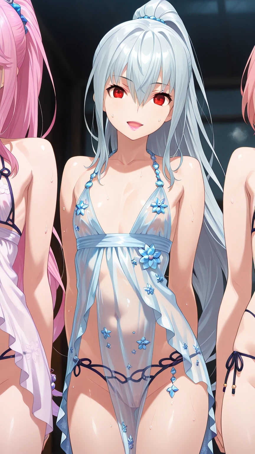 ((Best quality)), ((Masterpiece)), ((Ultra-detailed)), (illustration), (Detailed light), (An extremely delicate and beautiful),A charming young girl,Four people,Three View,Long white hair and red pupils,Pink swimsuit