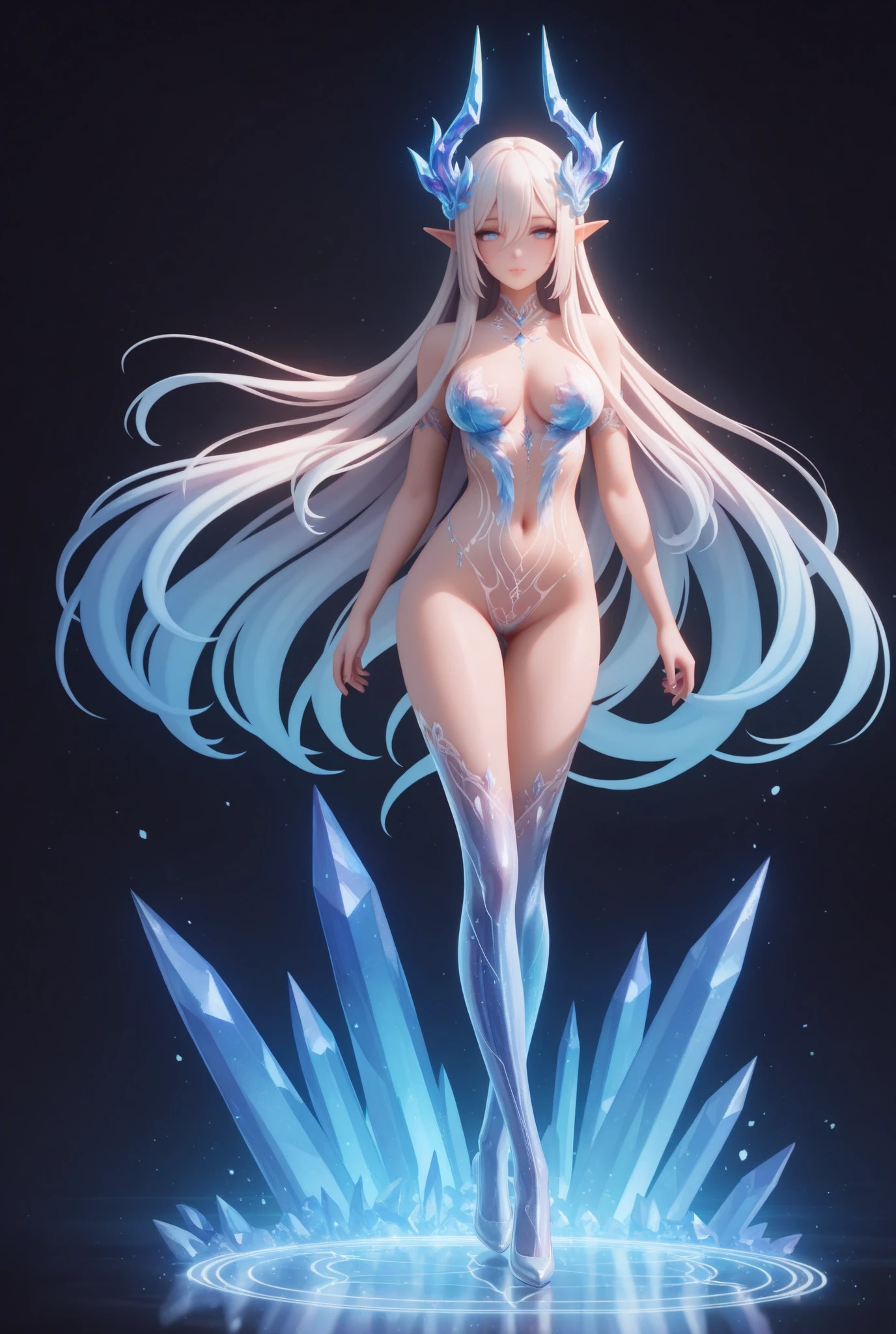 Fantasy Female sorceress, icy white hair, nordic, fair skin, ice golem