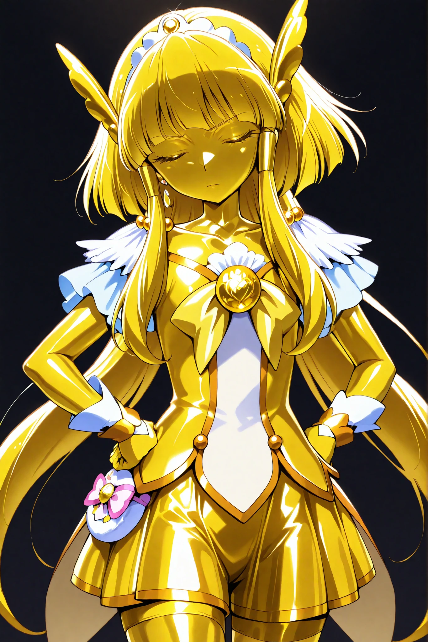 cure beauty, masterpiece, best quality, Newest, very high definition, closed eyes, yellow hair, yellow sclera, closed mouth, No students, Yellow skin, shiny skin, metal skin, Black eyebrows, 1girl, solo, cowboy shot, standing, Dynamic, watching viewers, I'm sleeping angry, black background, with her hands on her hips, Gold_shorts, Gold_butterfly Hair Ornament, long hair, Gold_shorts, Magical Girl, Gold_skirt, bike shorts, Gold_shorts under skirt, Hair Ornament, Gold_gem