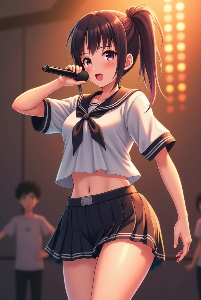 (((Women farting))),(girl farting while stand)),(stand mic),shocked,(a female singer),(wearing a  and skirt),(),(view from behind) (ponytail hair black hair),(Asian woman),(concert stage),(masterpiece:1.2、top-quality)、(the Extremely Detailed CG Unity 8K Wallpapers、ultra-detailliert、Best Shadows)、(Detailed background)、(The best lighting、extremely delicate and beautiful)、depth of fields、1girl in、report、upward looking gaze、