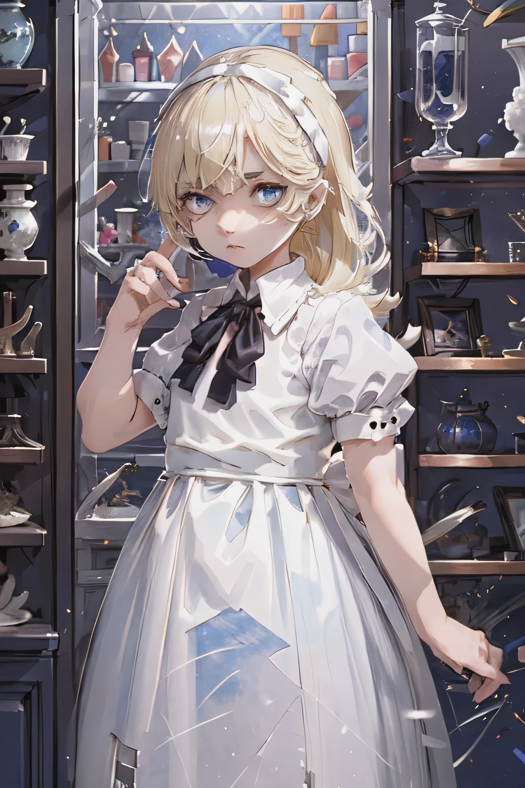 A young girl with blonde hair and bright blue eyes, wearing a charming navy blue and white combination dress and a simple white hairband, in a candy shop with a glass display case packed with a variety of sugary treats and shelves filled with various treats.