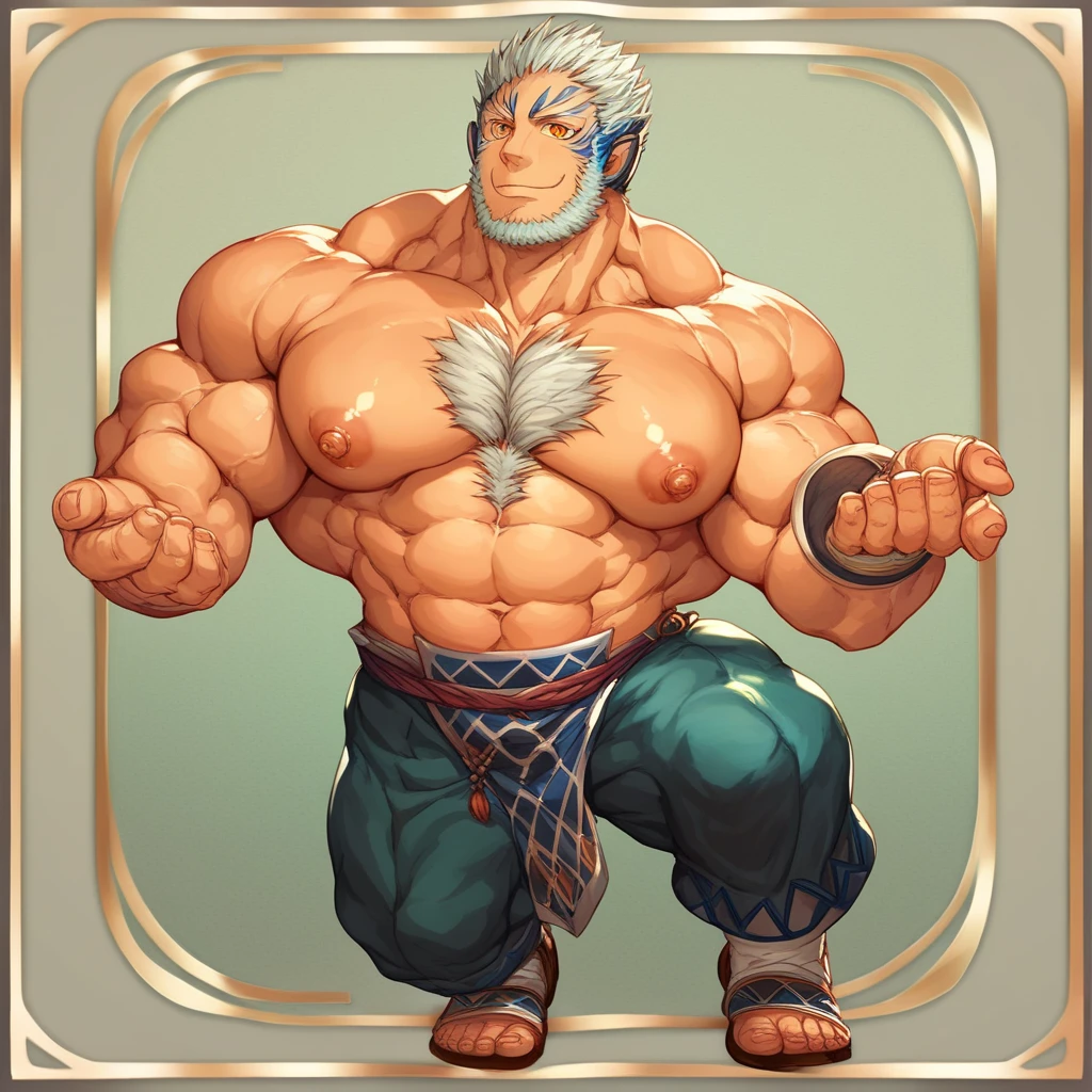 Handsome、Muscular、Macho、Thick chest、Thick legs、Completely naked、Big cock、Spiky Hair、all back、Berry Short、monkey、Beastman、Pointed Ears、Red eyes、Blonde、Thick arms、Body hair、smile、No bangs、Droopy eyes、Thick eyebrows、Scratch on nose、Big anly、gorilla、