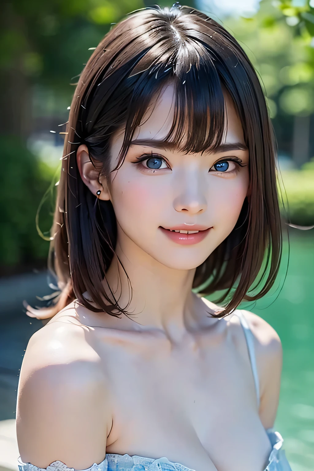 ((nsfw、top quality、best image quality、just one beautiful and cute woman、 A beautiful woman with a very cute golden ratio who boasts overwhelming beauty、The beauty of symmetry、realistically depicts everything in high resolution high definition、God of rich nature、Beautiful and cute face、 Eyes drawn in high resolution 、lashes drawn in high definition、Beautiful and cute symmetrical faces, A long, beautiful neck、bangs:1.6、Beautiful Décolleté、gloss、perfect anatomy、cute smile、Teen))、({gigantic|big|huge|mega} breasts, cleavage)、ideal ratio、Golden Ratio drawn in high resolution、perfect anatomy、 Transparency、sparkling、Off Shoulder、((beautiful teeth、expressive、Love projected on camera、I'm a little shy、bangs, beautiful landscape with only rich nature and bright green in the background、moist blue background of water、beautiful blue sky))